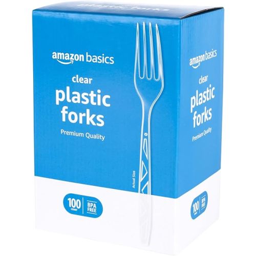 Amazon Basics Disposable Clear Plastic Forks, Premium Quality, 100 Count, Large Pack