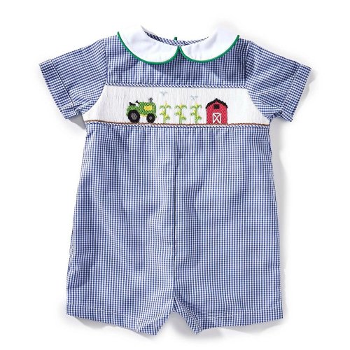 Petit Ami Baby Boys Short-Sleeve Smocked-Farm-Motif Checked Romper
