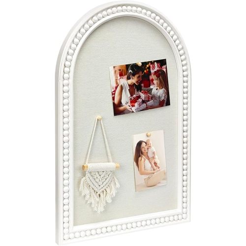 16" x 24" Linen Bulletin Board, Arched White Wood Frame with Beaded Trim, Decorative Pin Board Wall Organizer for Photos, Notes, Memo & Vision Board, 4060WH