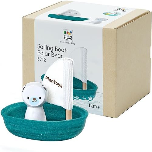 PlanToys® Polar Bear Sailing Boat Bath Toy for Toddlers | Montessori Wooden Water Toys for Kids | Eco-Friendly Floating Boat for Bathtub, Pool & Water Table