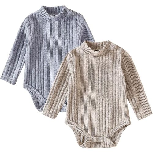 DEFAHN Baby Turtleneck Bodysuit Long Sleeve Boy Girl Ribbed Knit Jumpsuit Outfit 2 Pack Baby Solid Onsies 0-24 Months