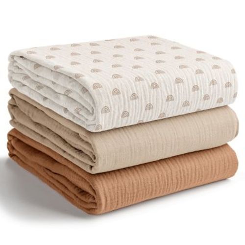 Comfy Cubs Muslin Swaddle Blankets Pack of 3 - Large 42" x 42" 100% Cotton Baby Blanket Set Wraps - Rainbow Pattern, Cedar, Sand