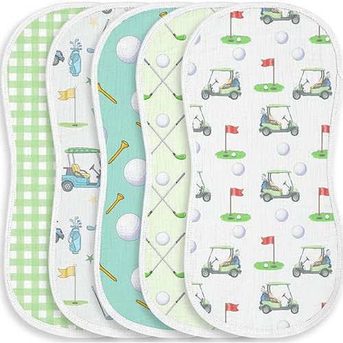 Spriggenix 5 Pack Baby Burp Cloths for Boys Girls, Soft Cotton, Golf Sport Theme Design, Super Absorbent Baby Burping Cloths for Newborns, Machine Washable and Reusable Baby Spit-Up Cloths