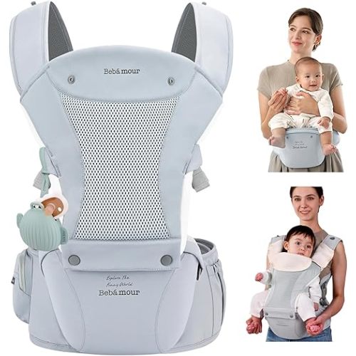 Bebamour Baby Carrier with Hip Seat,All-Position Breathable Mesh Hip Seat & Carrier 0-36Months with Head Hood, 3 PCS Teething Pads, Waist Extender,Storage Bag & Pacifier Case (Blue)