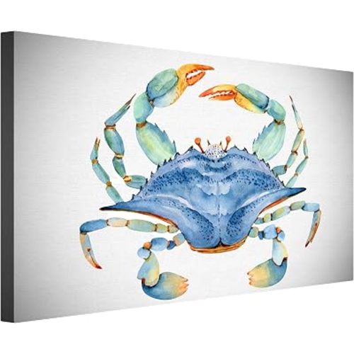 TAILORED CANVASES Crab Watercolor Canvas Wall Art, Blue Crab Decor Coastal Style, Sea Life Artwork for Beach House, Sea Creature Wall Decor for Living Room, Bedroom, Ocean Home Decoration 12x18