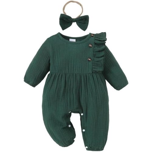 Newborn Baby Girls Smocked Romper Preemie Long Sleeve Going Home Outfit with Bow Headband
