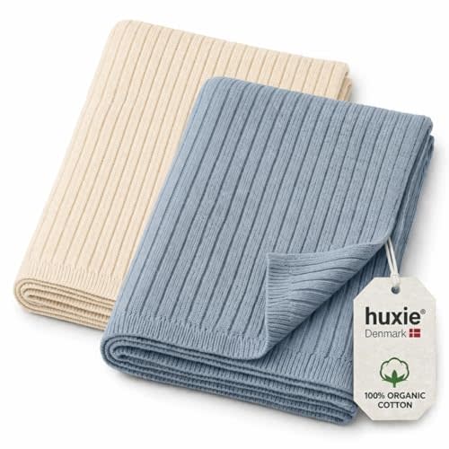 100% Organic Cotton Knit Receiving Baby Blanket for Newborns - Soft, Breathable Blanket for Crib & Stroller - Nursery Gift 2-Pack (Ribbed Ivory & Baby Blue)