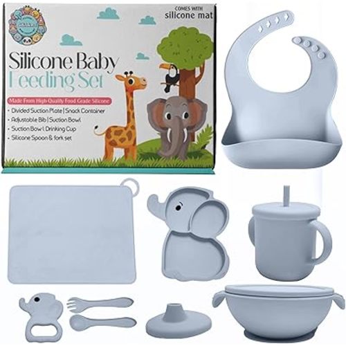 SiliAnimal Elephant-Themed Silicone Baby Feeding Set - Includes Suction Mat, Bibs, Spoons, and Bowls - Perfect for Baby-Led Weaning