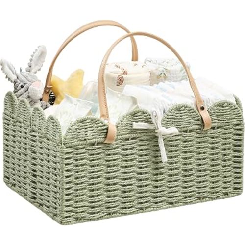 Angelhood Paper Rope Diaper Caddy, Scalloped Baskets with Removable Divider