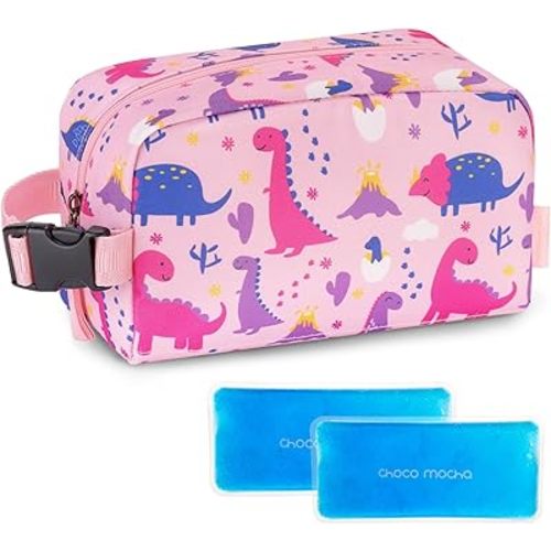 Choco Mocha Snack Bag for Kids Small Cooler Bags Insulated & Freezable Snack Bag For School Toddler Snacks Bag, Dinosaur Pink