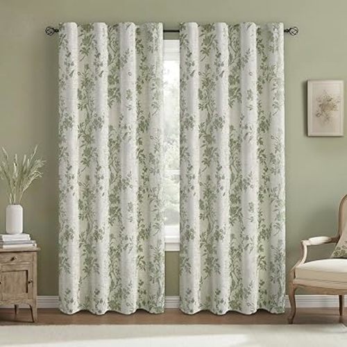 Floral Blackout Sage Green Curtains 90 Inch Length 2 Panels Set, Linen Texture Farmhouse Curtains for Living Room Bedroom