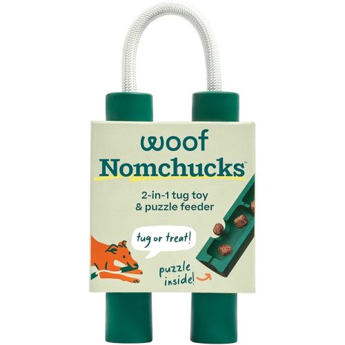 WOOF Nomchucks - Dual Puzzle Feeder Enrichment Dog Toy and Tug Toy with 3 Interactive Zones - Designed with Long-Lasting Nylon Rope and Natural Rubber - Pairs Puzzle Treats