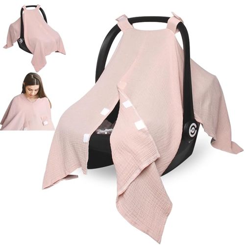 Muslin Car Seat Cover for Babies, Multi-use Nursing Cover, Breathable Infant Car Seat Canopy for Newborn (Pink)