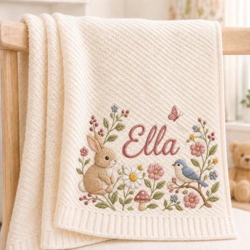 Personalized Baby Blanket with Name Ella, Embroidered Rabbit & Flowers, Soft Knit Baby Shower Gift, Nursery Keepsake, Custom Name Blanket
