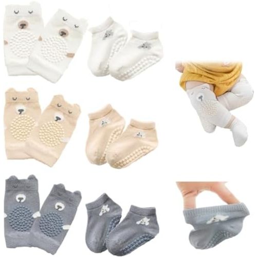 Feidoog Baby Crawling Knee Pads with Anti-Slip Elastic 3 Pairs Knee Pads and 3 Pairs Socks Set,Infant Kneepads for Crawling