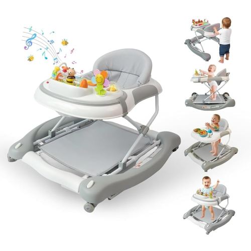 5 in 1 Baby Walker, Music and Lights Walker for Baby Boy Girls 6-12 Months, Foldable Baby Walkers with Wheels and Bouncer Combo Portable, Toddler Infant Walker with Adjustable Height
