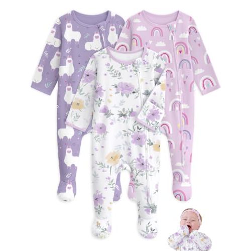 Unnivoll Baby Sleepers 100% Cotton Baby Pajamas Baby Boys Girls Clothes | Footie Pajamas for Newborn 0-3 3-6 6-9 Months, 3Pcs Soft Infant Footed PJs with Mitten Cuffs, Two Way Zipper, Long Sleeve
