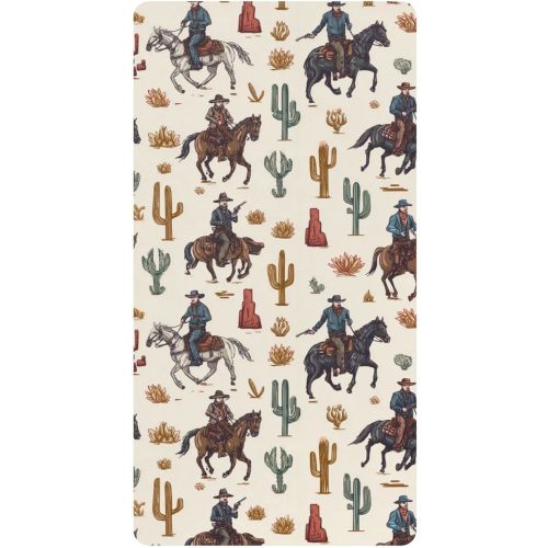 Western Cowboy Retro Cacti Crib Sheets Soft Breathable Fitted Cotton Baby Crib Sheets Mattress Cover for Girl Boy, 52" x 28" x 9"