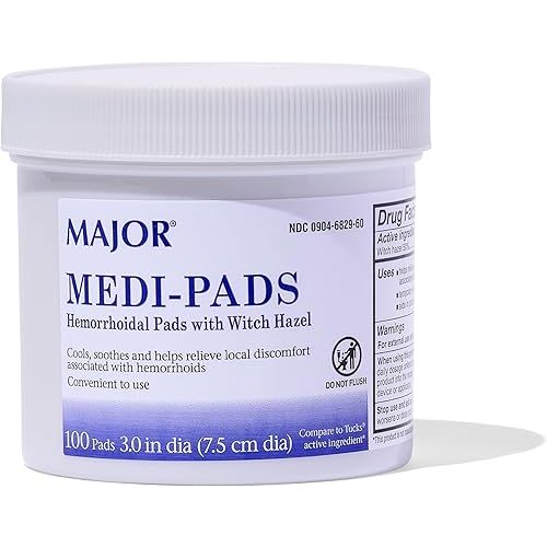 MAJOR Medi-Pads - Hemorrhoidal Hygienic Cleansing Witch Hazel Pads - Cooling Relief with Aloe - 100 Count Jar (1 Pack)