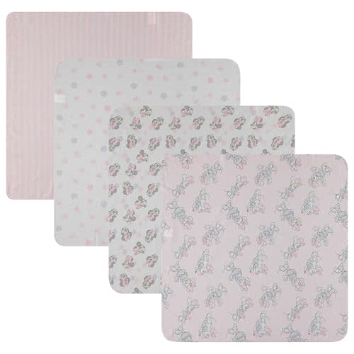 Disney Baby 4-Pack Receiving Blankets — 100% Cotton Flannel, 28" x 28" — Available in Mickey, Minnie, Pooh, Stitch or Angel — Soft Swaddle, Burp & Stroller Blankets — Gift-Ready with Ribbon Bow