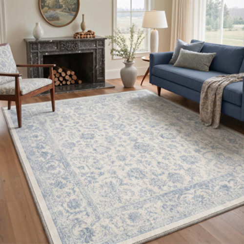 Bungalow Rose Machine Washable Oriental Ivory / Blue Area Rug With Non-Slip Backing | Wayfair