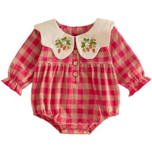 Baby Girl Bubble Romper Long Sleeve Collar Embroidered Bodysuit