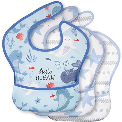 3-Pack Waterproof Baby Bibs for Eating - Mess Proof Lightweight Toddler Feeding Bibs with Large Food Catcher, Food-Grade Baby Eating Essentials, Easy to Put On & Clean(Light Blue Ocean)