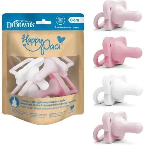 Dr. Brown's HappyPaci 100% Silicone Baby Pacifier, Contoured One-Piece Design, Light Pink/Pink/White, 0-6m, BPA-Free, 4-Pack
