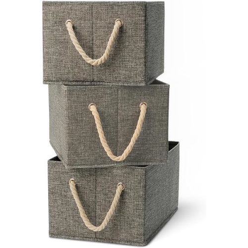 Amazon Basics Foldable Storage Bins with Rope Handles, Charcoal, Large, Pack of 3