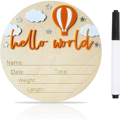 Baby Announcement Sign, 5.9 Inch Wooden Hello World Newborn Signs, Birth Announcement Sign and Pen, Hot Air Balloon and White Cloud Decoration, Welcome Newborn Arrival to World (Orange)