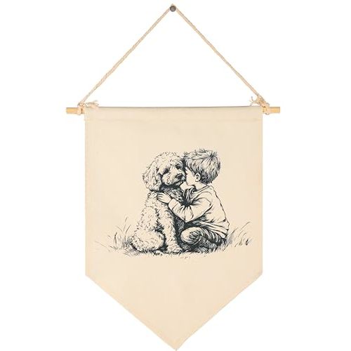 Golden Retriever and Boy-Canvas Banner Flag Pennant Poster Sign Wall Decor Gift for Boy Kid Nursery Baby Room Bedroom Playroom Door Farmhouse Country-Birthday Christmas Gift-15.6"x11"