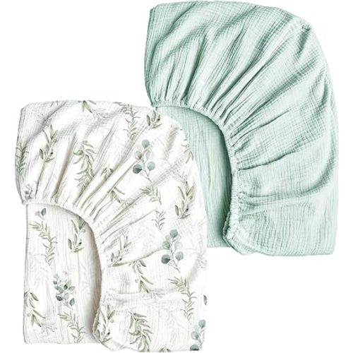 Muslin Crib Sheets 2 Pack, 100% Cotton Fitted Baby Sheets for Standard Crib Mattress 52 x 28 Inch, Soft Breathable Nursery Bedding, Olive Branch