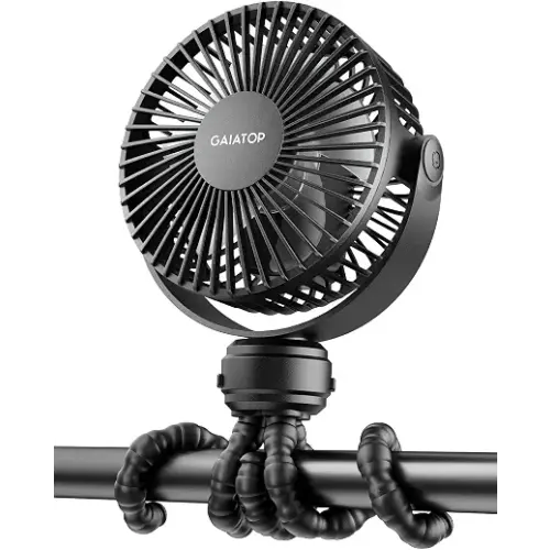 Gaiatop Mini Portable Stroller Fan, Small Clip on Fan 3 Speed Rechargeable | 360° Rotate Flexible Tripod, Battery Operated Detachable, Cooling for Car Seat Crib Treadmill Travel Black