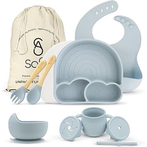 All In One Silicone Feeding Set - Safe for 6-12 Months - Non-Toxic Baby Led Weaning Supplies - Toddler Self Feeding Utensils - BPA-Free - Mess Free Essentials
