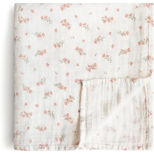 mushie Muslin Baby Swaddle Blanket | 100% Organic Cotton (Pink Flowers)