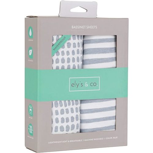 Ely’s & Co. Patent Pending Waterproof Bassinet Sheet 2-Pack Set for Baby Boy - 100% Cotton, Jersey Knit Cotton Sheets with Waterproof Lining — Misty Blue, Stripes and Splashes