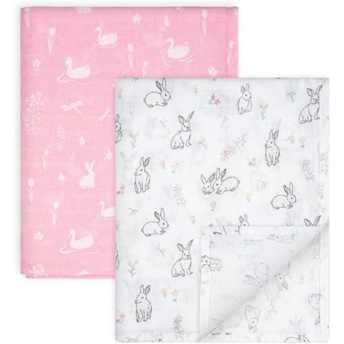 GLLQUEN BABY Muslin Swaddle Blankets Breathable Receiving Blankets (35" x 40") 2-Pack Soft Baby Blankets for Girls and Boys Newborn Essentials Muslin Burp Cloths Swaddle Wrap Gift(Looking for Spring)