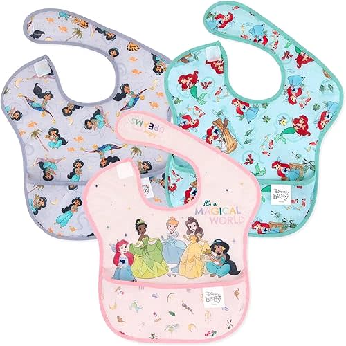 Bumkins Disney Bibs for Girl or Boy, SuperBib Baby and Toddler for 6-24 Months, Essential Must Have for Eating, Feeding, Baby Led Weaning, Mess Saving Waterproof Soft Fabric, 3-pk Princess Magic