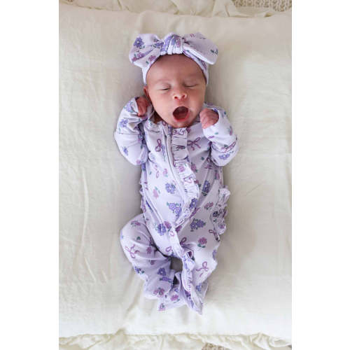 Ribbon & Roses Ruffle Zipper Footie in Purple | Caden Lane