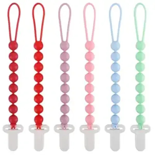 6-Pack Silicone Pacifier Clips for Babies, Safe Teething Beads, Rust-Free Holders, Baby Boy and Girl Essentials, Newborn Must-Have Accessories, BPA-Free (Pink)
