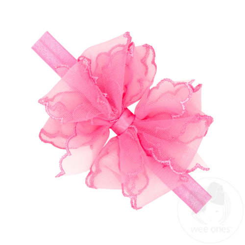 Medium Double Organza Scalloped Stitched Edge Hair Bow on Matching Elastic Band - HOT PINK / INFANT (6-24 MONTHS) | Wee Ones Hair Bows & Accessories