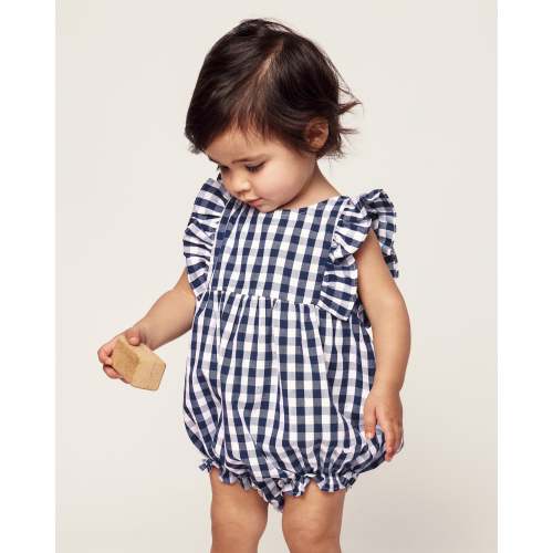 Baby's Twill Ruffled Romper in Navy Gingham