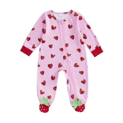 Xnqiwq Newborn Baby Girl Footed Romper Strawberry Print Long Sleeve Zipper Jumpsuit Coming Home Outfit Fall Winter Clothes