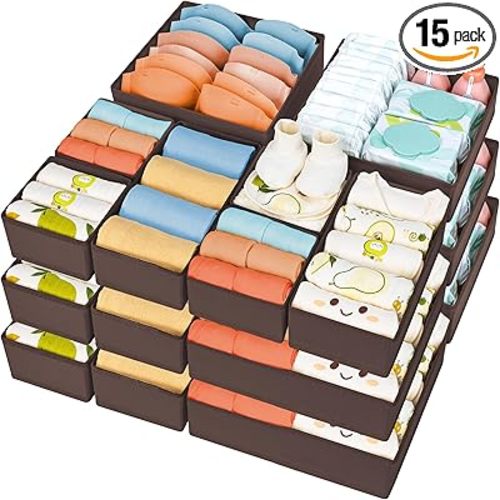 DIMJ Drawer Organizer 15 Pack - Foldable Baby Organizers and Storage & Dresser Organizer for Nursery, Bedroom, Closet - Nursery Organization Dresser Dividers for underwear, Sock, Bra, Belt, Tie, Brown