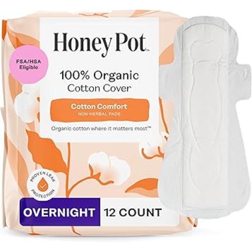 The Honey Pot Company - Sanitary Pads for Women - Non-Herbal Overnight w/Wings - Organic Cotton Cover, & Ultra-Absorbent Pulp Core - Feminine Care - 12 ct