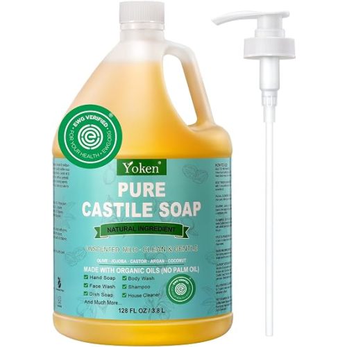 Yoken Pure Castile Liquid Soap 128 Oz Unscented Body Wash Dishes with Pump