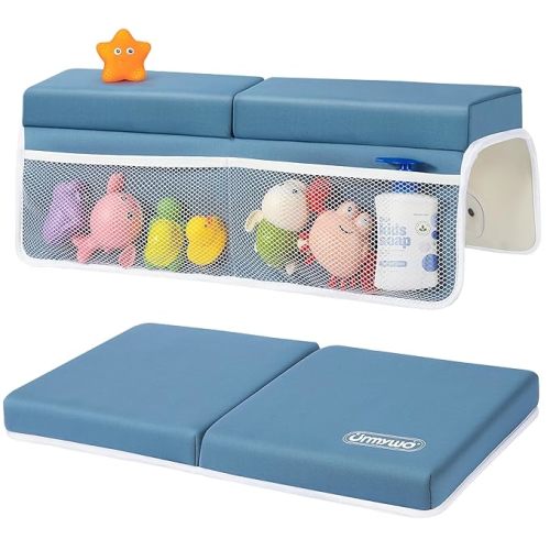 URMYWO Bath Kneeler and Elbow Rest Pad Set - 1.5" Thick Baby Bath Kneeler Pads with Toys Organizer, Anti-Slip Cozy Knee & Arm Support Bathtub Mat, Quick Dry Kneeling Pad for Baby Bath Time