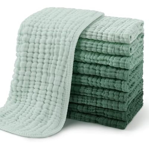 Yoofoss Muslin Burp Cloths for Baby 10 Pack 100% Organic Cotton Baby Washcloths for Boys Girls Large 20''X10'' Super Soft and Absorbent Gradient Green