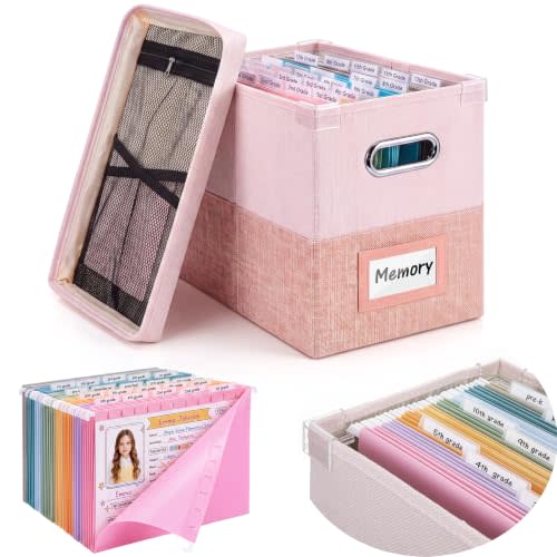 1 Set School Memory Box Organizer, School Keepsake Organizer K-12,Pink | with 15 Hanging File Folders, 4 Labels, 3 Sticker, Mesh-Pocket Lid, for Letter/A4, Report Cards, Photos, Awards, File Keeper