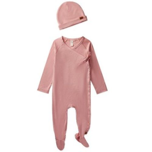 MiniMoi 2 Piece Set Baby Crossover V-Neck Modal-Blend Footie and Beanie Rose 6 Months